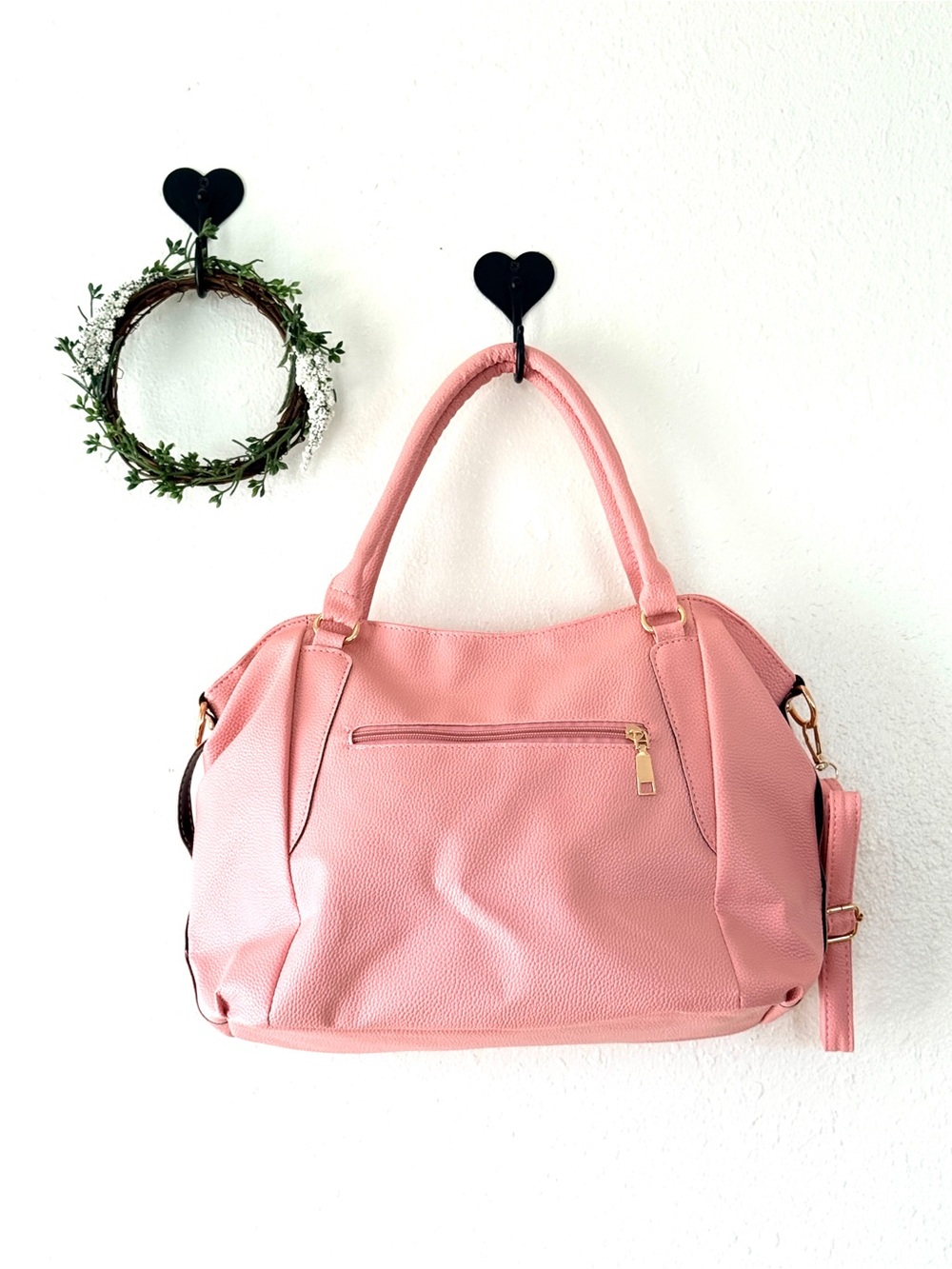 Light Pink Faux Leather Satchel Shoulder Bag Gold Hardware NWOT - Picture 2 of 9